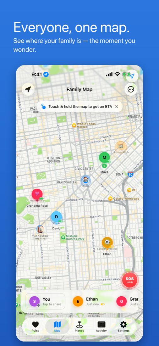 Family map with everyone's pins and saved places