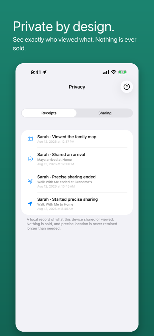 Privacy controls: presence modes, privacy zones and receipts