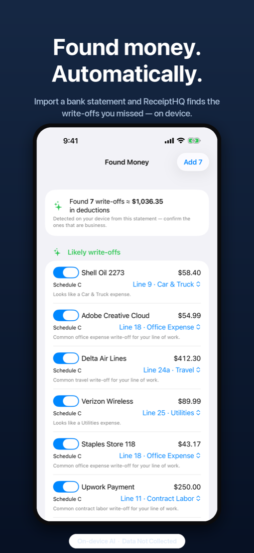 ReceiptHQ Found Money screen listing write-offs detected in a bank statement