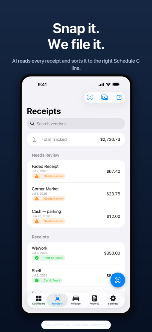 Receipts list with Schedule C categories
