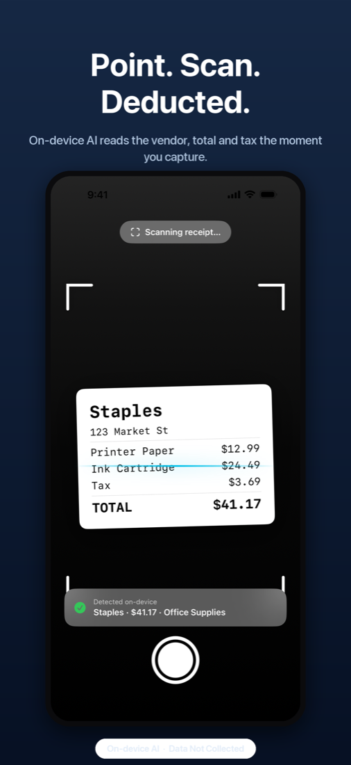 Scanning a receipt with on-device detection of vendor and total